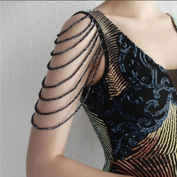 Navy, Floral, Beaded,  V Neck, Round Back,  Sleeveless,  Sequined Mermaid Gown - Picture 9 of 16